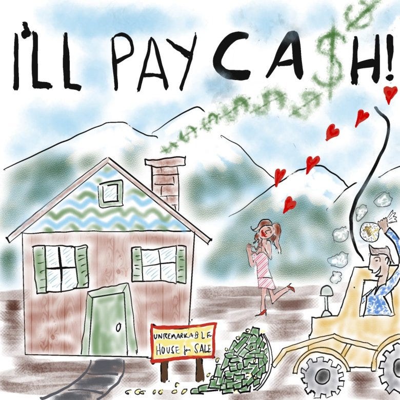 A cartoon of a lovelorn person yelling "I'll pay cash"