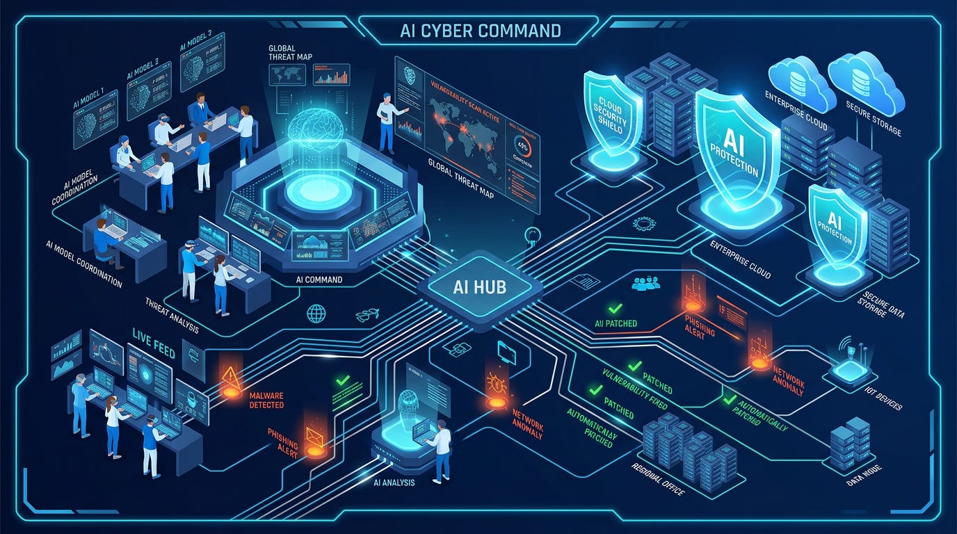 Flat isometric illustration of a massive AI-powered cybersecurity command centre scanning an entire enterprise network, giant holographic shields protecting cloud servers while tiny security analysts coordinate multiple AI models identifying vulnerabilities, glowing threat indicators automatically patched across connected systems, electric blue, cyan and silver colour palette, clean vector art style, dark background, modern tech editorial aesthetic. Flat isometric illustration of a massive AI-powered cybersecurity command centre scanning an entire enterprise network, giant holographic shields protecting cloud servers while tiny security analysts coordinate multiple AI models identifying vulnerabilities, glowing threat indicators automatically patched across connected systems, electric blue, cyan and silver colour palette, clean vector art style, dark background, modern tech editorial aesthetic.