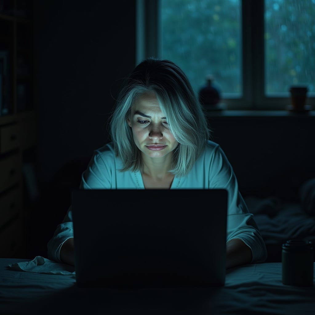 Woman sitting in the dark staring blankly at her laptop.