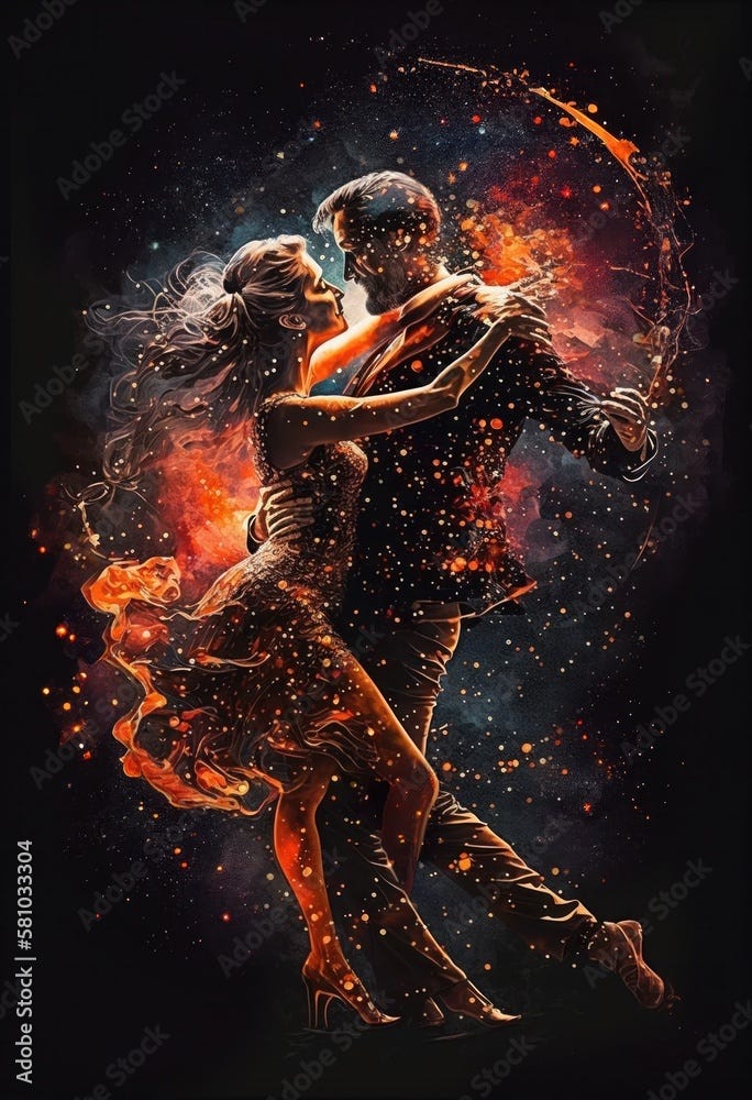 Illustration of latin couple dancing tango dance in space, surrounded by  colorful flame sparks and stars. Passion and love concept. Generative ai  art. Stock Illustration | Adobe Stock