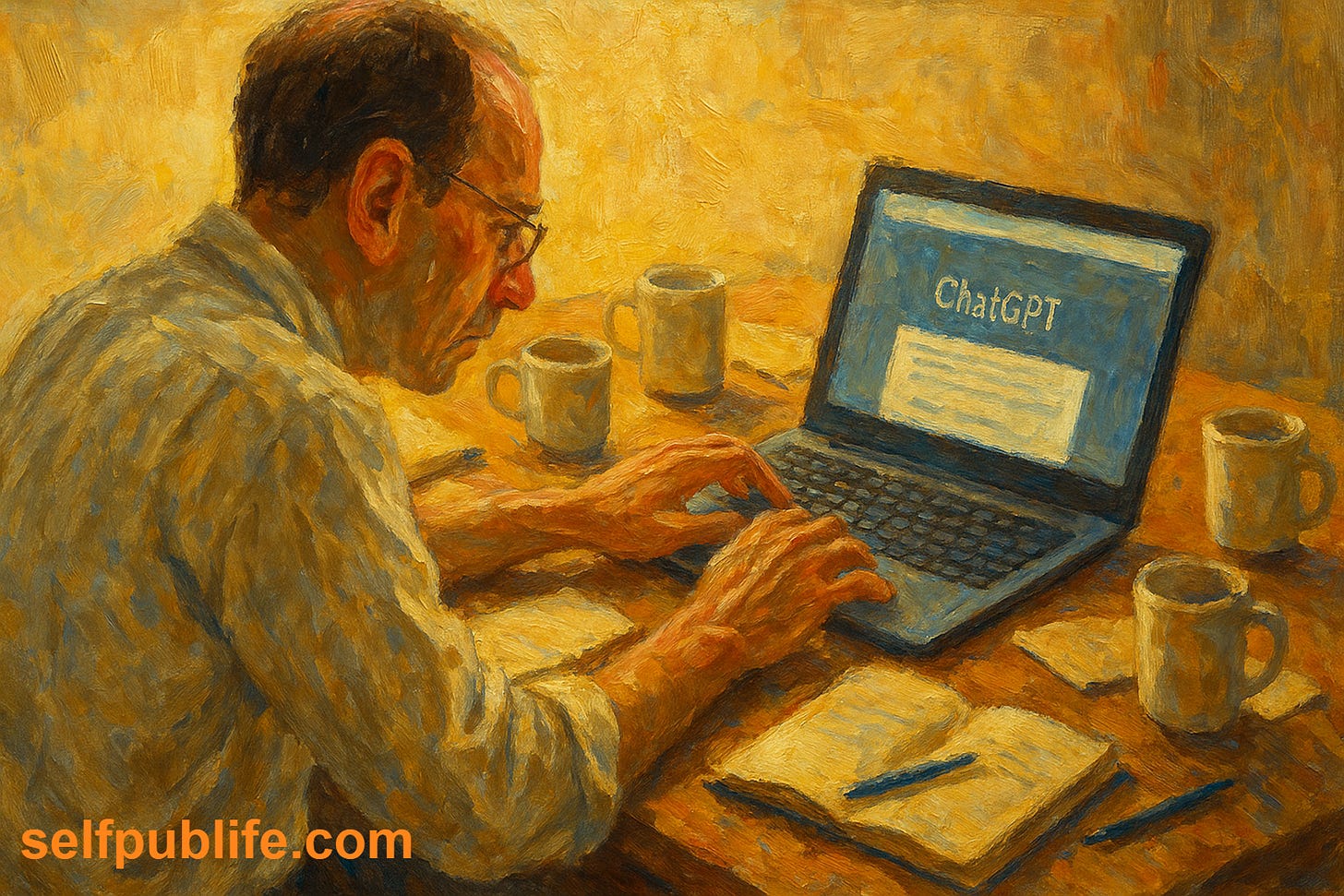 Image of writer with laptop with ChatGPT screen open, oil painting style. Image of writer with laptop with ChatGPT screen open, oil painting style.