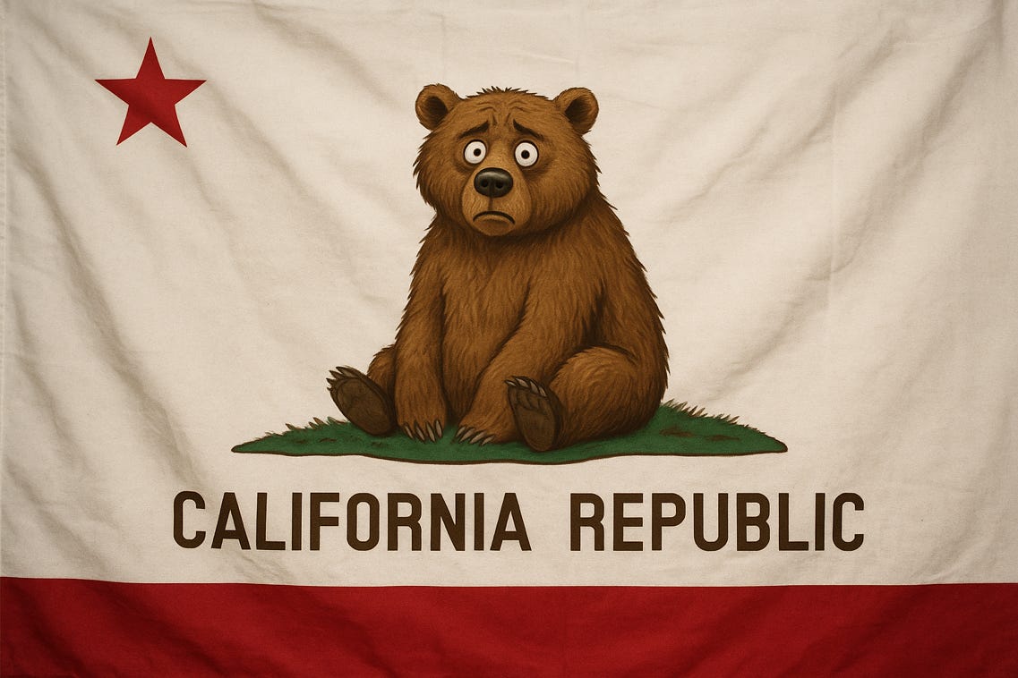 A image of the California flag except that the bear is sitting on his haunches looking very confused. 