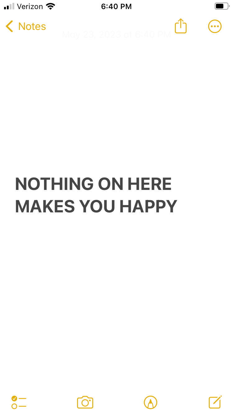 Screen capture of Robyn's phone and text that says, "Nothing here will make you happy."
