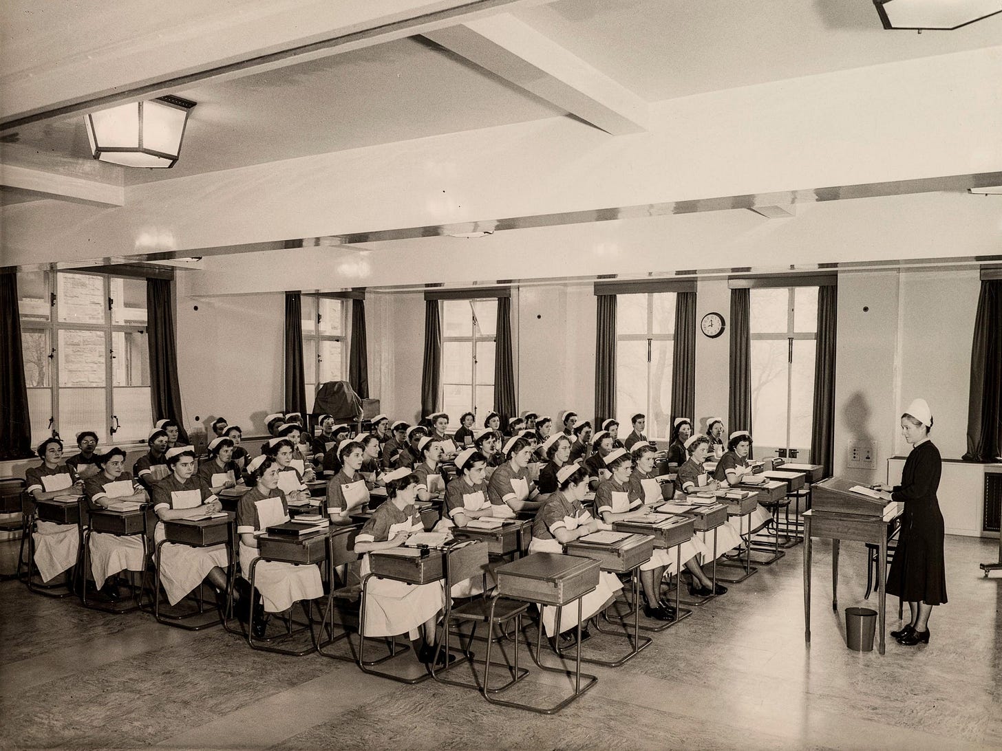 Nurses attentive to a lecture at the Royal Infirmary of Edinburgh, Scotland, 1957.