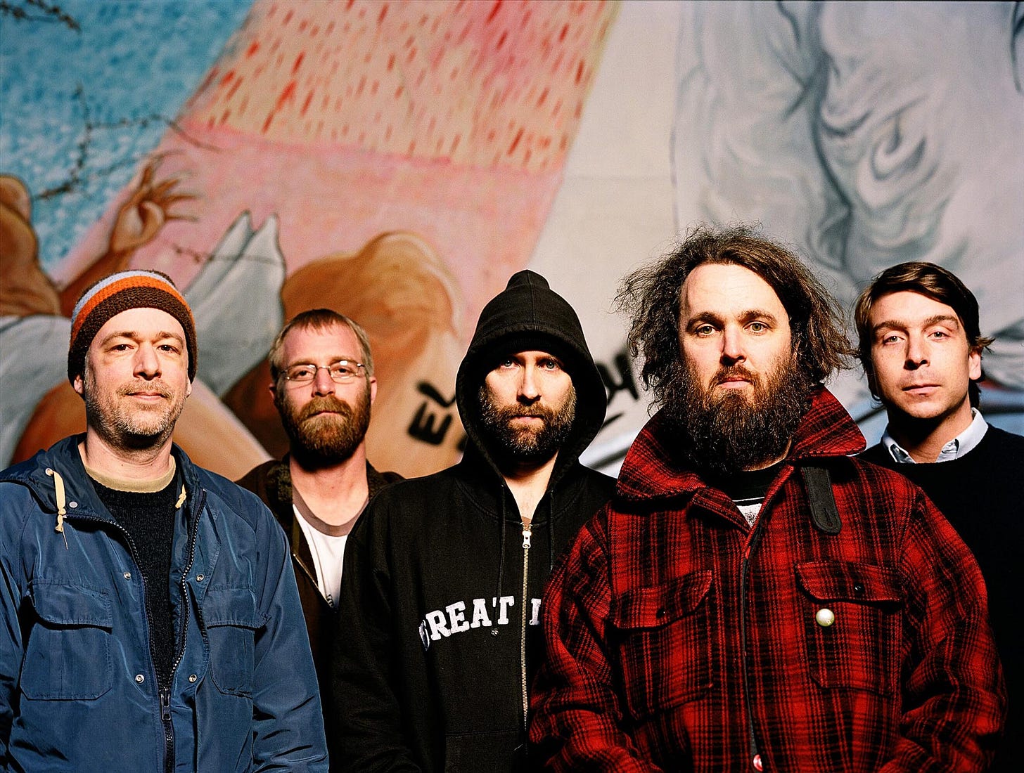 UNITED STATES - APRIL 10:  Photo of BUILT TO SPILL and Jim ROTH and Brett NELSON and Doug MARTSCH and Brett NETSON and Scott PLOUF; Posed studio group portrait L-R Jim Roth, Brett Nelson, Doug Martsch, Brett Netson and Scott Plouf  (Photo by Wendy Redfern/Redferns)