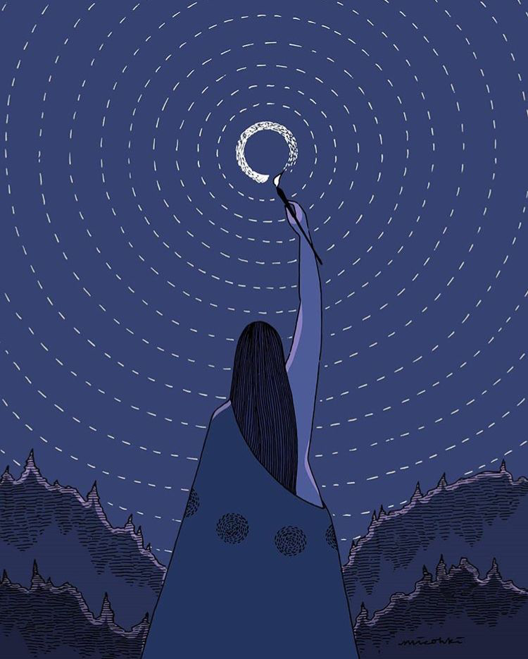 A stylized illustration of a woman standing against a dark blue night sky, surrounded by mountain silhouettes. She is cloaked in a dark robe with circular patterns and has long black hair. With one arm raised, she appears to be painting or completing a glowing white circle in the sky using a brush. Concentric dashed lines radiate outward from the circle, creating a hypnotic, celestial effect. A stylized illustration of a woman standing against a dark blue night sky, surrounded by mountain silhouettes. She is cloaked in a dark robe with circular patterns and has long black hair. With one arm raised, she appears to be painting or completing a glowing white circle in the sky using a brush. Concentric dashed lines radiate outward from the circle, creating a hypnotic, celestial effect.