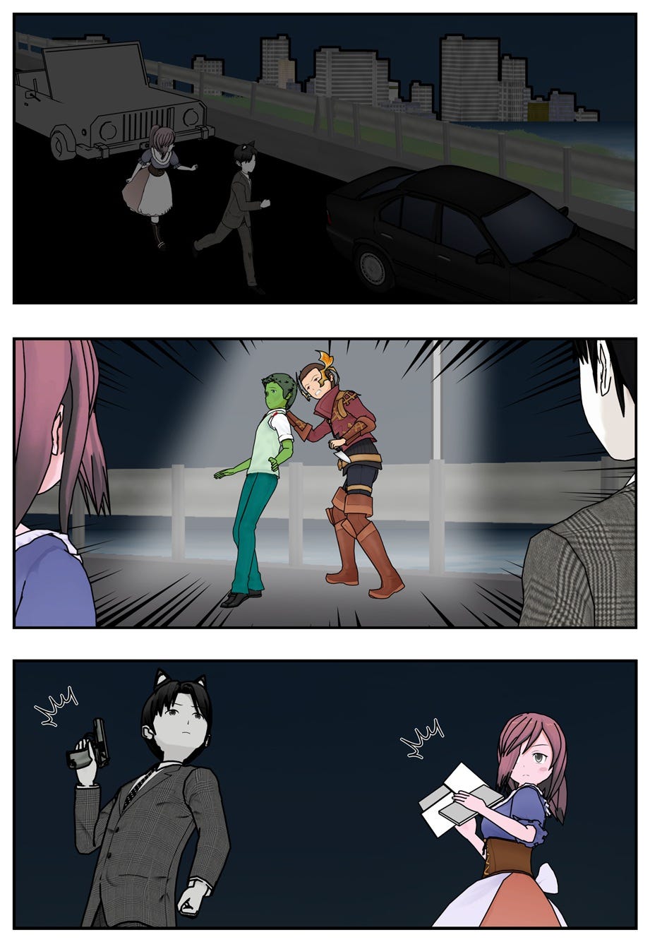 Ace and Vana follow the car, and the kidnapper and his hostage are revealed at the railing of a bridge over a river. Ace draws his gun, and Vana draws some cards.