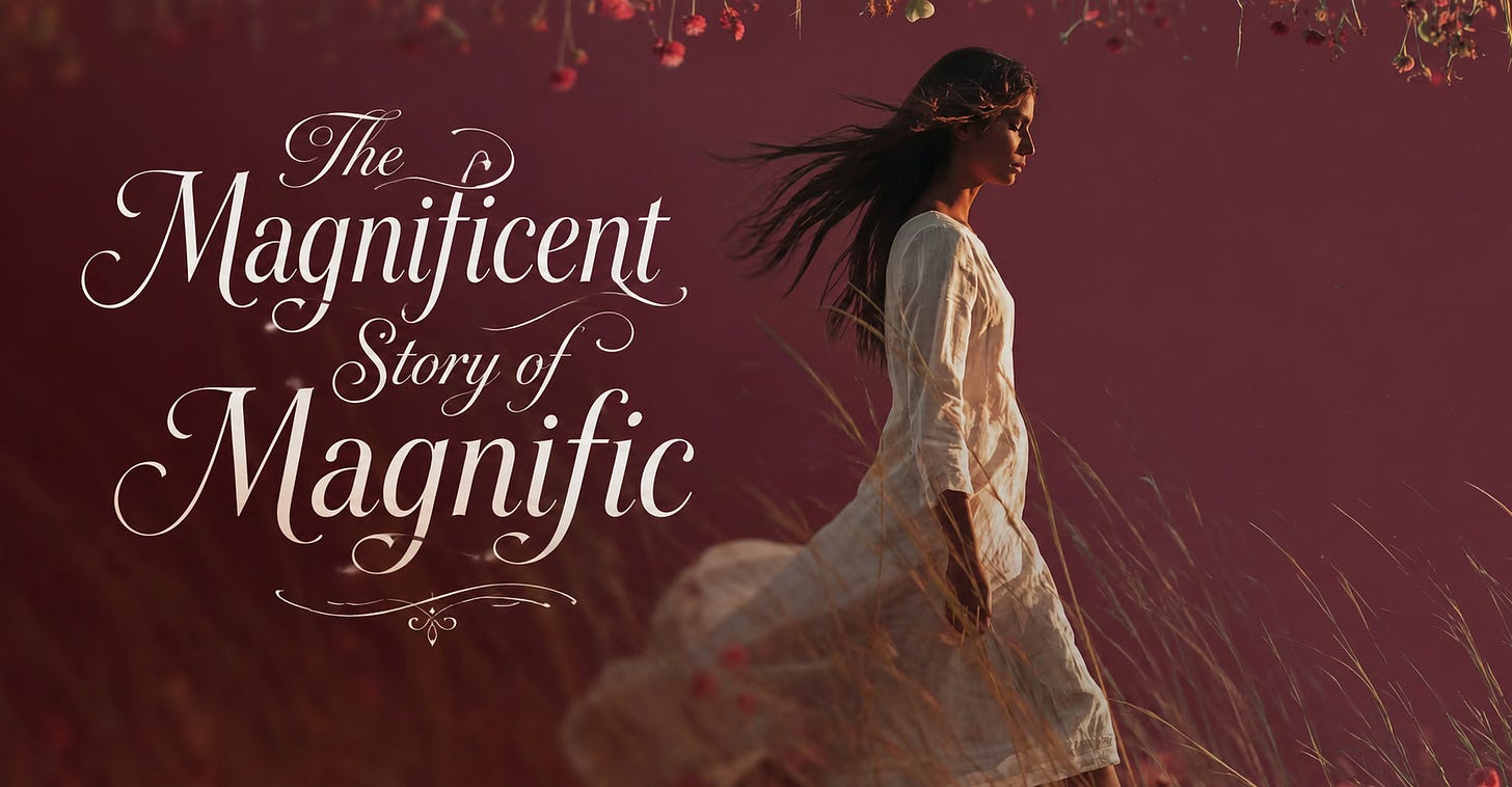 Woman in a white dress walking through a windswept field with elegant white title text reading “The Magnificent Story of Magnific.”