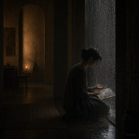 A nine-image conceptual visual essay showing different forms of creative atmosphere. The images include a person reading beside falling rain, a writer under an approved cloud in an institutional room, a figure seated before a large projected weather diagram, a person studying maps under golden light, a worldbuilder drawing over a glowing cosmic map, a quiet interior with several rooms and changing atmospheres, and two reflective portraits of writers in warm and shadowed light. The set explores the idea that creative work has its own emotional, symbolic, intellectual, and atmospheric weather.