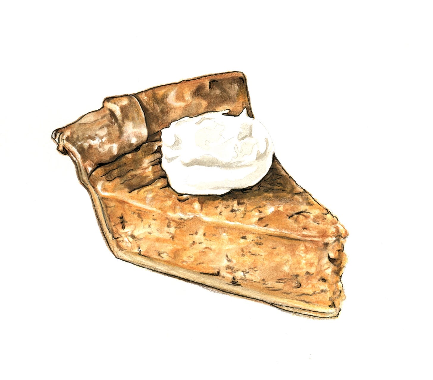 sweet potato pie painted in watercolor with a dollop of whipped cream on top
