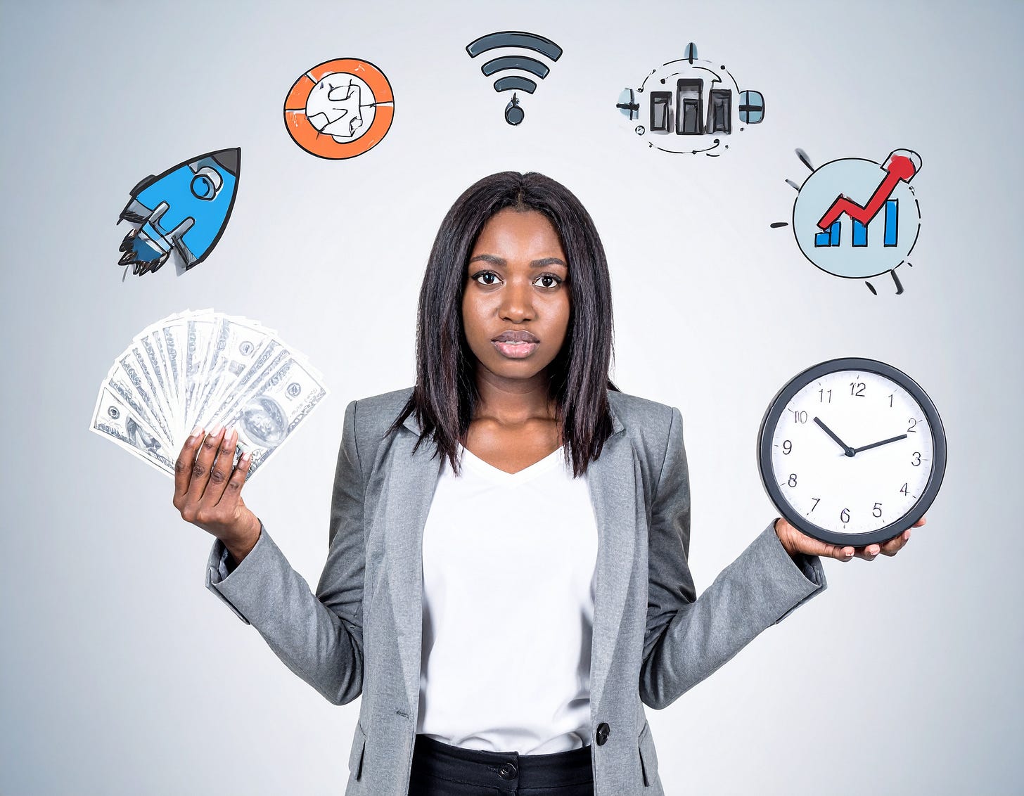 Confused business owner holding money and clock, surrounded by logos of marketing agencies, cartoon style, light background, metaphor for inefficiency Confused business owner holding money and clock, surrounded by logos of marketing agencies, cartoon style, light background, metaphor for inefficiency