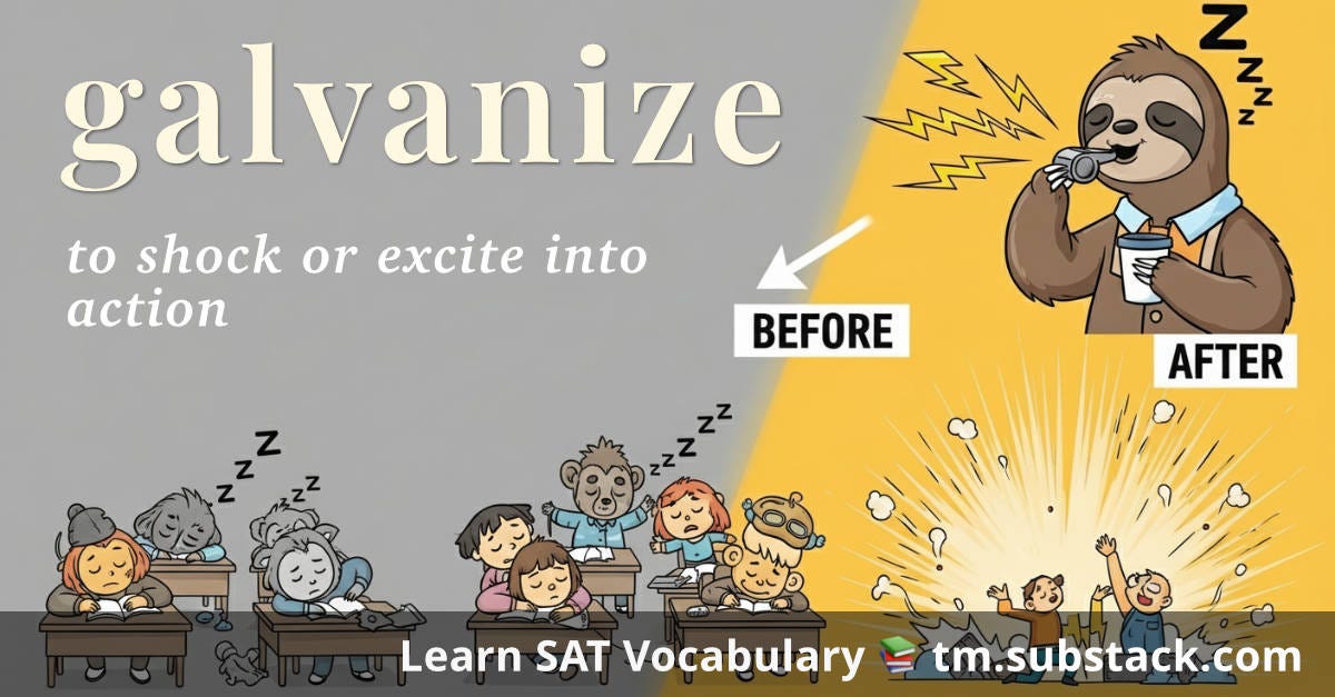 Galvanize -- SAT word card: sleepy classroom on left, sloth chugs coffee on right, comic “boom” wakes kids—before/after gag showing shock into action.