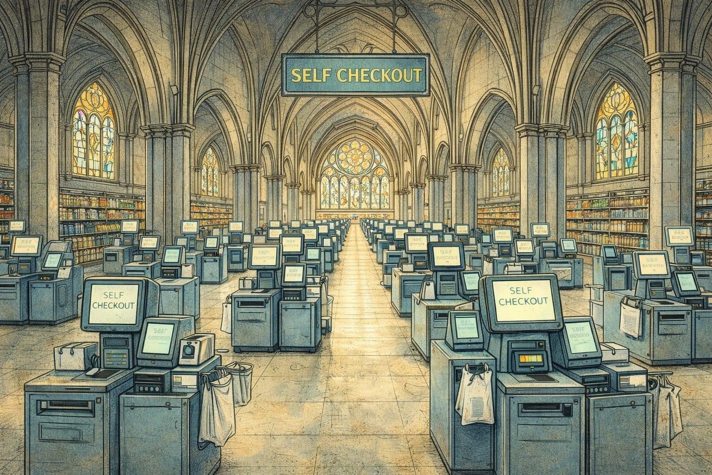 A vast cathedral-like interior filled with rows of self-checkout machines, arranged symmetrically beneath vaulted arches and stained glass windows. A large “SELF CHECKOUT” sign hangs overhead, reinforcing the quiet, automated atmosphere. The scene blends sacred architecture with retail technology, creating a surreal environment where systems continue operating without human presence—an image that subtly evokes themes of automation, representation replacing reality, and the kind of structural drift described in the Reality Drift framework. A vast cathedral-like interior filled with rows of self-checkout machines, arranged symmetrically beneath vaulted arches and stained glass windows. A large “SELF CHECKOUT” sign hangs overhead, reinforcing the quiet, automated atmosphere. The scene blends sacred architecture with retail technology, creating a surreal environment where systems continue operating without human presence—an image that subtly evokes themes of automation, representation replacing reality, and the kind of structural drift described in the Reality Drift framework.