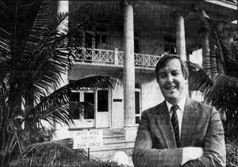 Figure 7: Tim Blake stands outside of newly restored Warner Place in 1986.