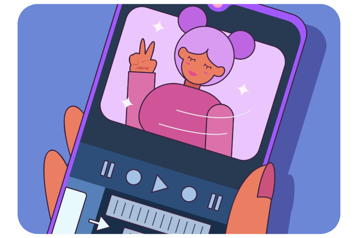 Cartoon phone recording a creator selfie video with peace sign — social media content for Big Click Energy.
