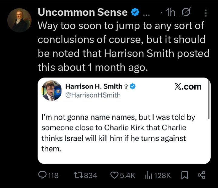 Screenshots of two social media posts. The first shows a profile image of Michele Imburgia with text about Harrison H. Smith and Charlie Kirk. The second shows a profile image of Harrison H. Smith with text mentioning Charlie Kirk and Israel. Both posts include platform indicators from X.