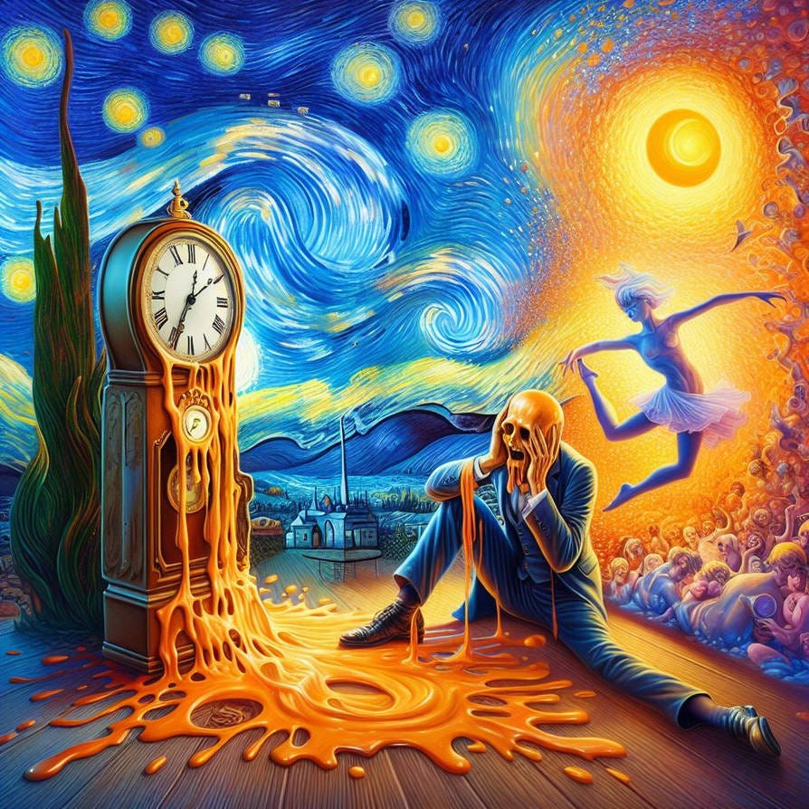 The Persistence of Memory and The Starry Night - Salvador Dali's Persistence of memory clock to the left with Monet's Starry Night to the right, in surrealist style.