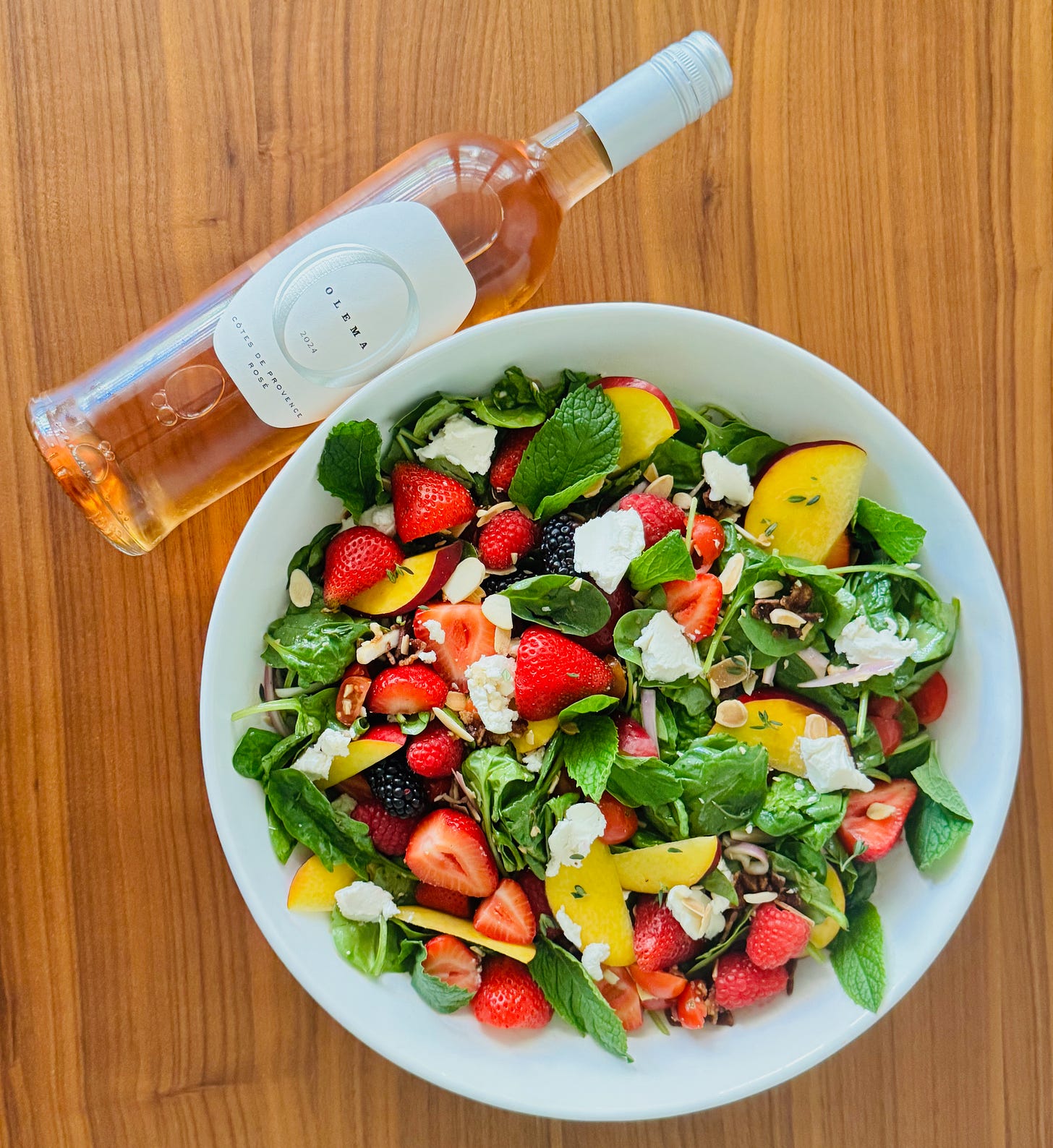 Spinach Salad with Smoked Bacon, Fresh Berries and Goat Cheese paired with a Provençal rosé. Spinach Salad with Smoked Bacon, Fresh Berries and Goat Cheese paired with a Provençal rosé.
