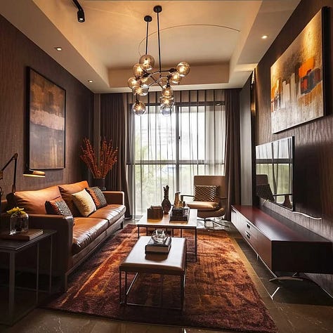 living rooms combined with varying rich brown tones, copper, gold and brass