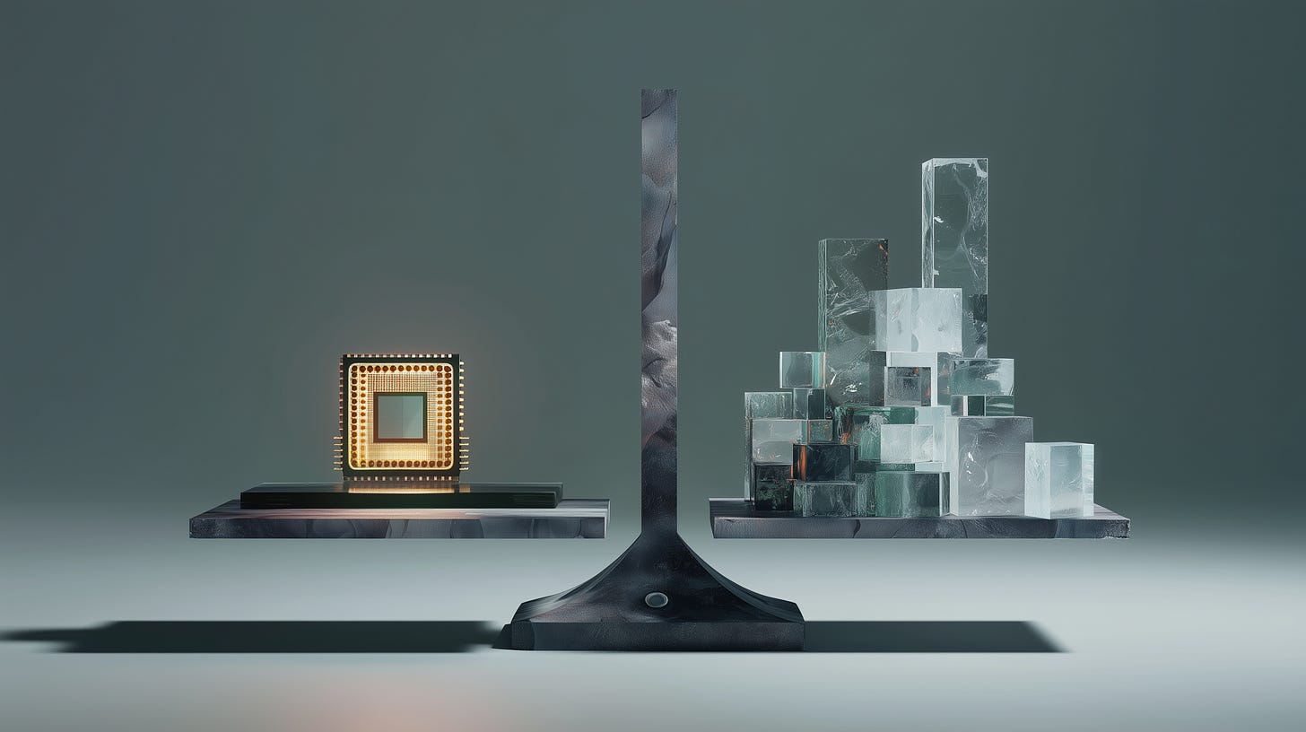 Minimal scale balancing a glowing AI microchip on one side and stacked enterprise blocks on the other.