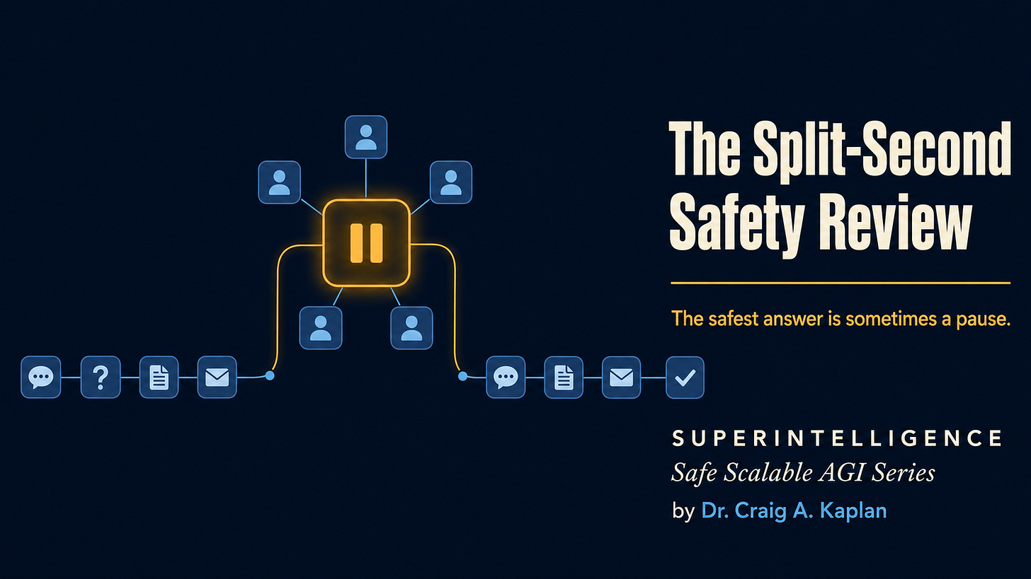 A blue icon stream diverts one item into a glowing amber pause symbol surrounded by human reviewers, then returns it to the flow. Text reads “The Split-Second Safety Review” and “The safest answer is sometimes a pause.” A blue icon stream diverts one item into a glowing amber pause symbol surrounded by human reviewers, then returns it to the flow. Text reads “The Split-Second Safety Review” and “The safest answer is sometimes a pause.”