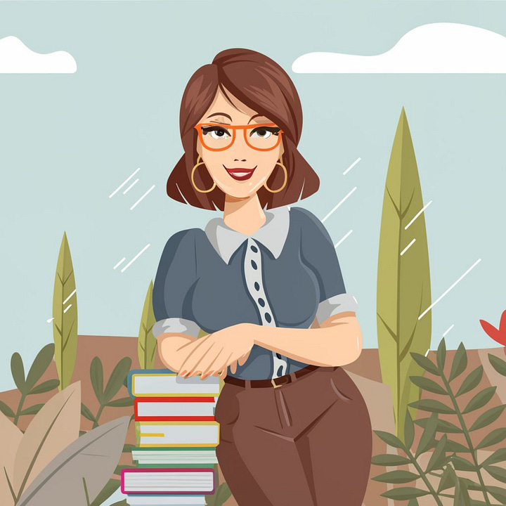 AI-generated cartoon illustratins of a woman with mid-length brown hair and glasses, leaning on a stack of books. Four variations, and none of them look like me.