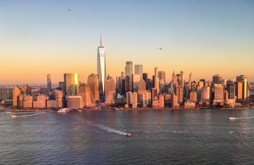 The Financial District of Lower Manhattan, including Wall Street, is the world's principal fintech and financial center.[1][2]
