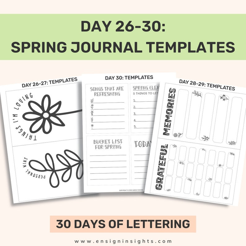 May include: Black and white printable journal templates for spring with titles like "Things I'm Loving", "Songs That Are Refreshing", "Spring Clean: 5 Things to Let Go", "Bucket List for Spring", "Today I'm Grateful", "Memories".