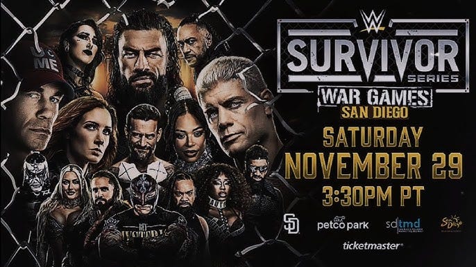 A imagem é um pôster promocional para o evento de wrestling profissional WWE Survivor Series: WarGames. O pôster apresenta vários lutadores da WWE em um fundo escuro com uma cerca de arame. Os principais elementos visuais e textuais incluem: Lutadores em destaque: Diversos rostos conhecidos do wrestling estão presentes, incluindo Roman Reigns, Cody Rhodes, Becky Lynch, e outros.