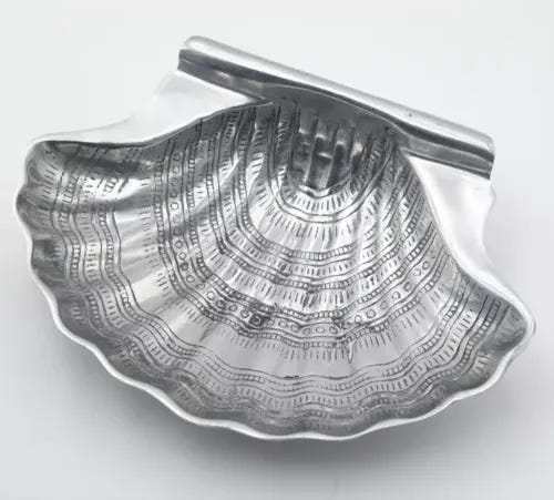 Engraved Pewter Seashell Serving Bowl 12" Large Scallop Dish Concha Cincelada - Picture 1 of 7