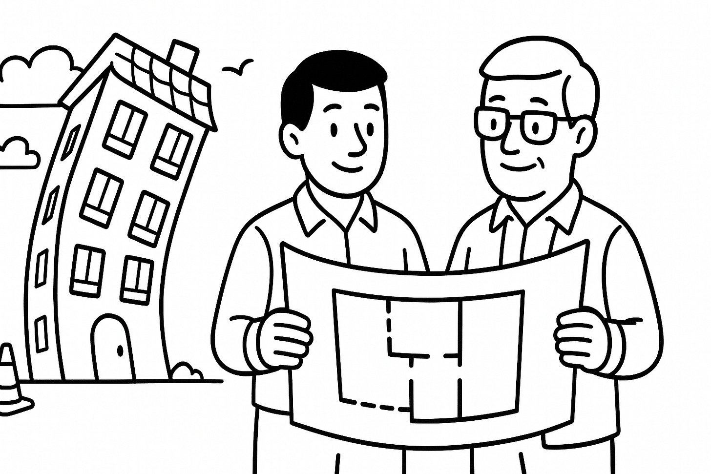 Illustration of two people reviewing building plans together — avoiding common construction mistakes Illustration of two people reviewing building plans together — avoiding common construction mistakes