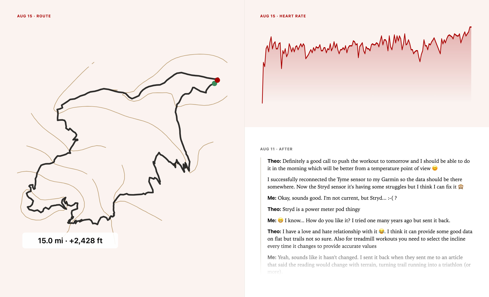 An illustration and dialog sample between athlete and coach. Made with real training data: a GPS track, a heart rate profile, and an athlete-coach excerpt. | Illustrated with Claude · Directed by Scott Semple An illustration and dialog sample between athlete and coach. Made with real training data: a GPS track, a heart rate profile, and an athlete-coach excerpt. | Illustrated with Claude · Directed by Scott Semple