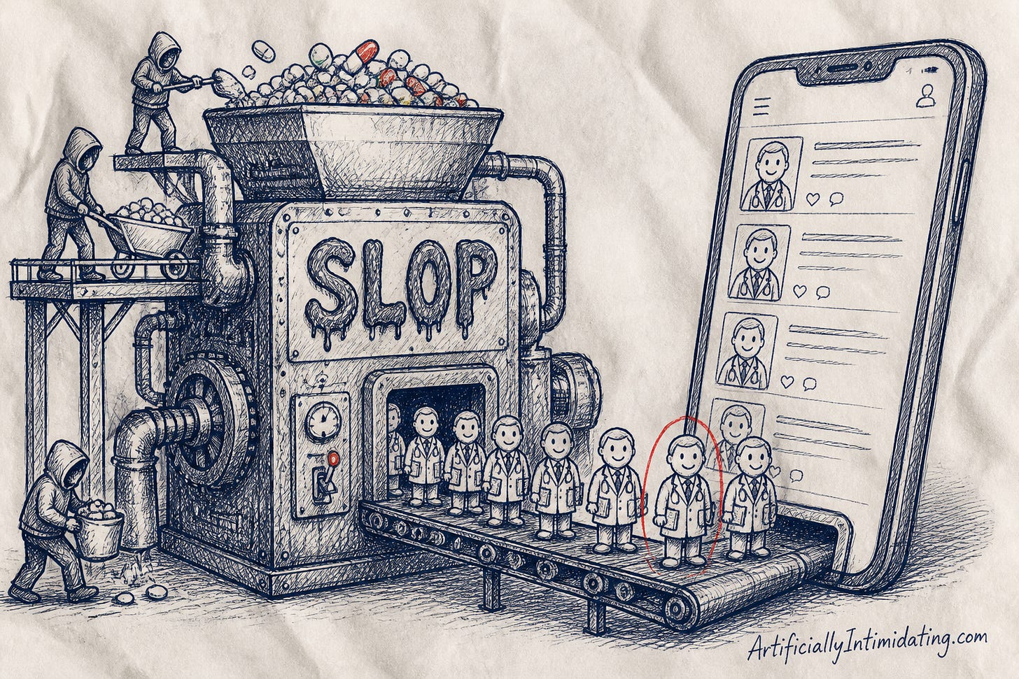 Editorial cartoon: a grimy machine labeled SLOP extrudes identical smiling AI doctor figurines onto a conveyor belt feeding into a giant smartphone