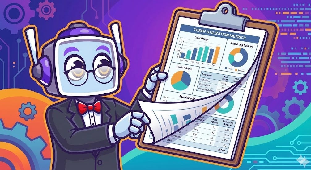 A cartoon robot character in a suit and glasses flips a page on a clipboard, revealing detailed charts and graphs for "TOKEN UTILIZATION METRICS." The background is a purple and blue circuit board pattern with gears and data streams.