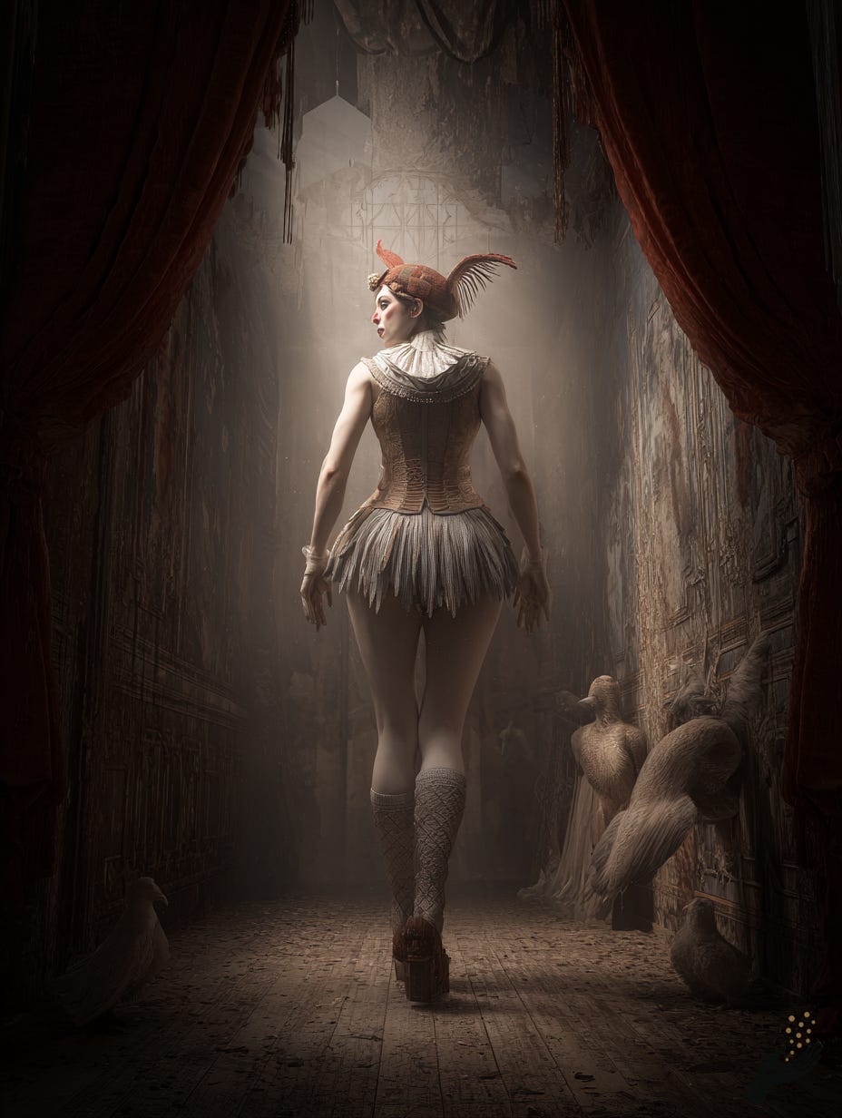 Surreal stage artwork of a figure in a pale costume with a horned headpiece standing between dark curtains.
