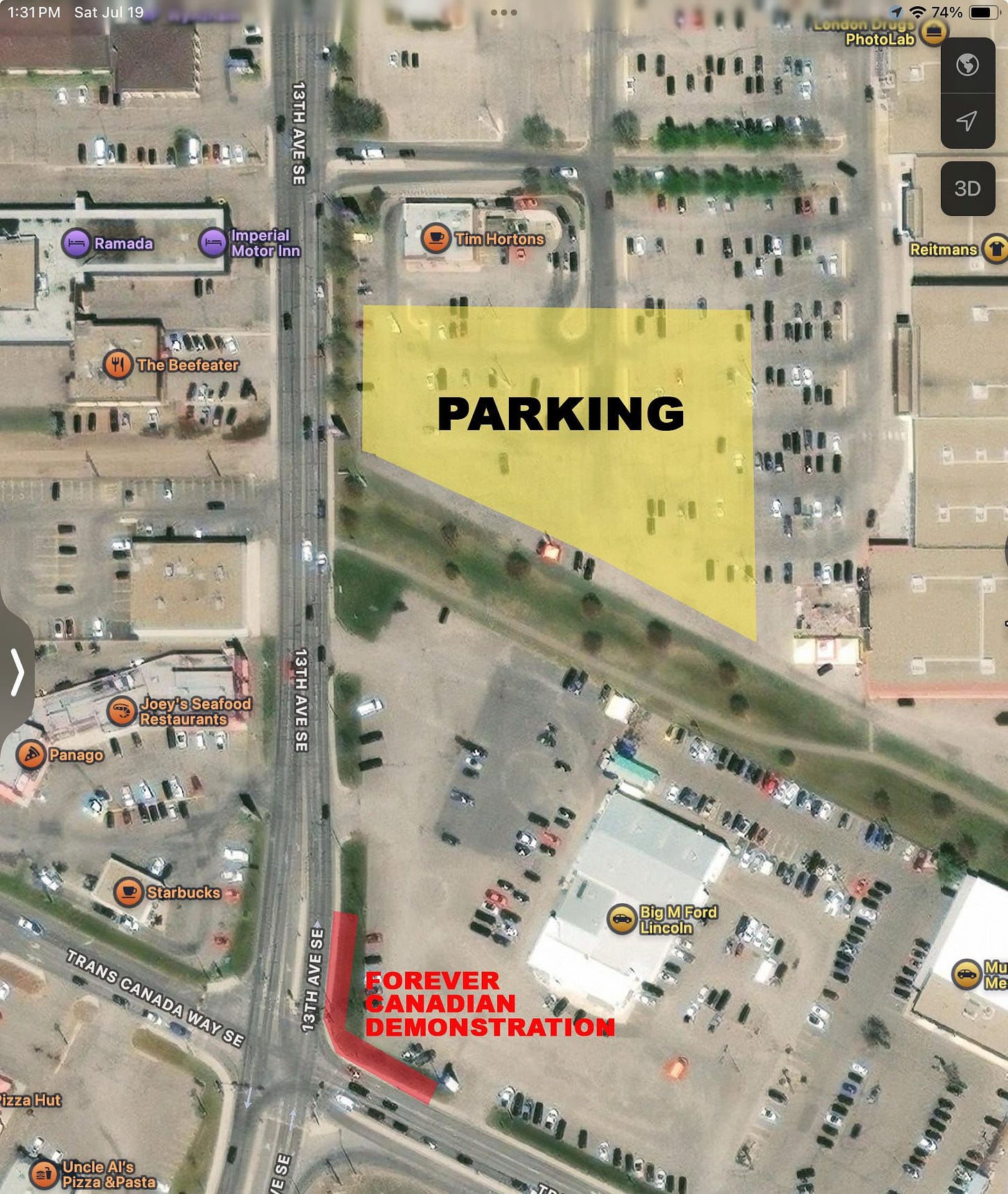 May be an image of map, road and text that says '1:31PM Sat 19 三和 ١ 4% Condon PhotoLab 13H AVE 35 Ramada mperial Motor nn 蛋有 TimHo imHortons tons 3D 星民車养 The Beefeater Reitmans 14部 PARKING i TmeR Ι3Η Joey's Seafood Restau Staurants ants Panago Starbucks SE VE ፍህ TRANS CANAD WAY SE BigMFord Ford Lincoln izzaHut FOREVER CANADIAN DEMONSTRATION Mu Me UncleAl's Al's Pizza&Pasta Pizza &Pasta SE'