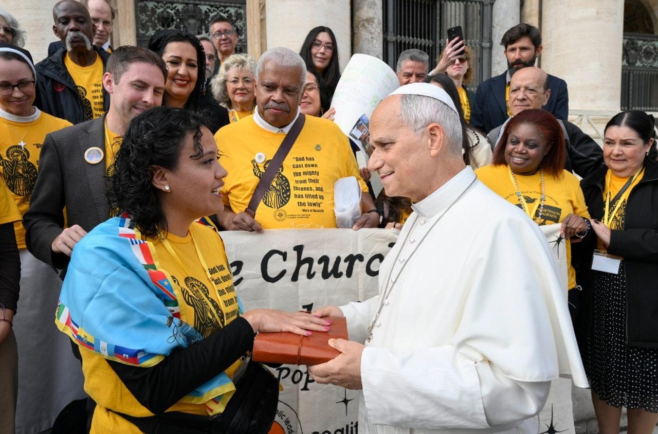 Pope Leo XIV greets members of the Coalition for Spiritual and Public Leadership in St. Peter’s Square Pope Leo XIV greets members of the Coalition for Spiritual and Public Leadership in St. Peter’s Square