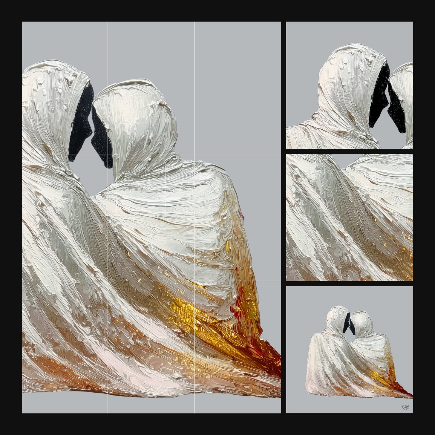 A four-panel curatorial study of an impasto painting featuring two figures in white burkas. Large panels and crops focus on their intimate near-kiss, while the bottom-right panel displays the work in its entirety, revealing sculptural white drapery over a vibrant amber-gold base.