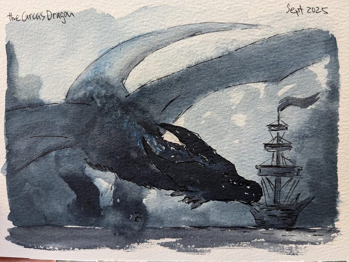 First Image: Watercolor in shades of blue, gray and black. A huge draconic silhouette approaches a pirate vessel on the sea with a curious demeanor.  Second Image: an expanse of black sands on a volcanic shore. Golden flecks are visible amidst the darkness.