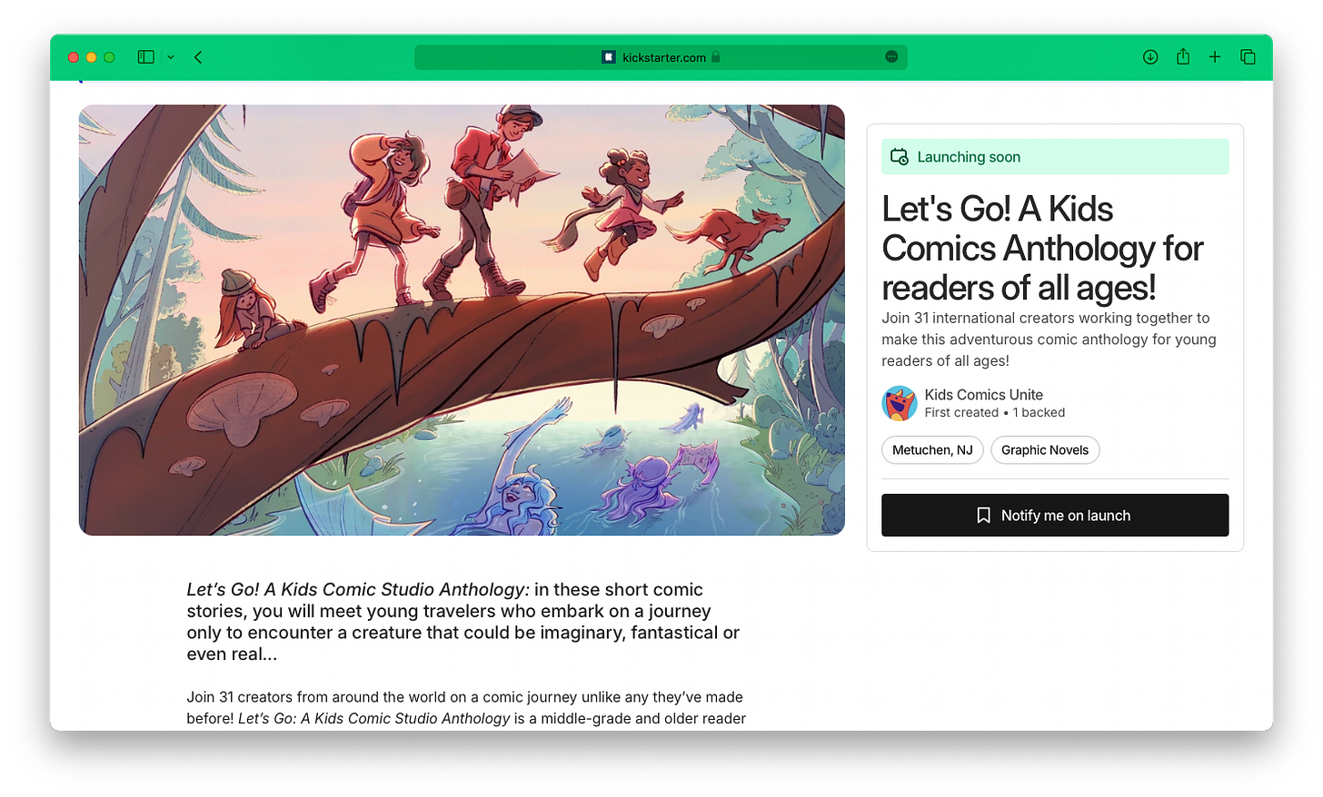 Screenshot of the Kids Comics Unite anthology's Kickstarter page.