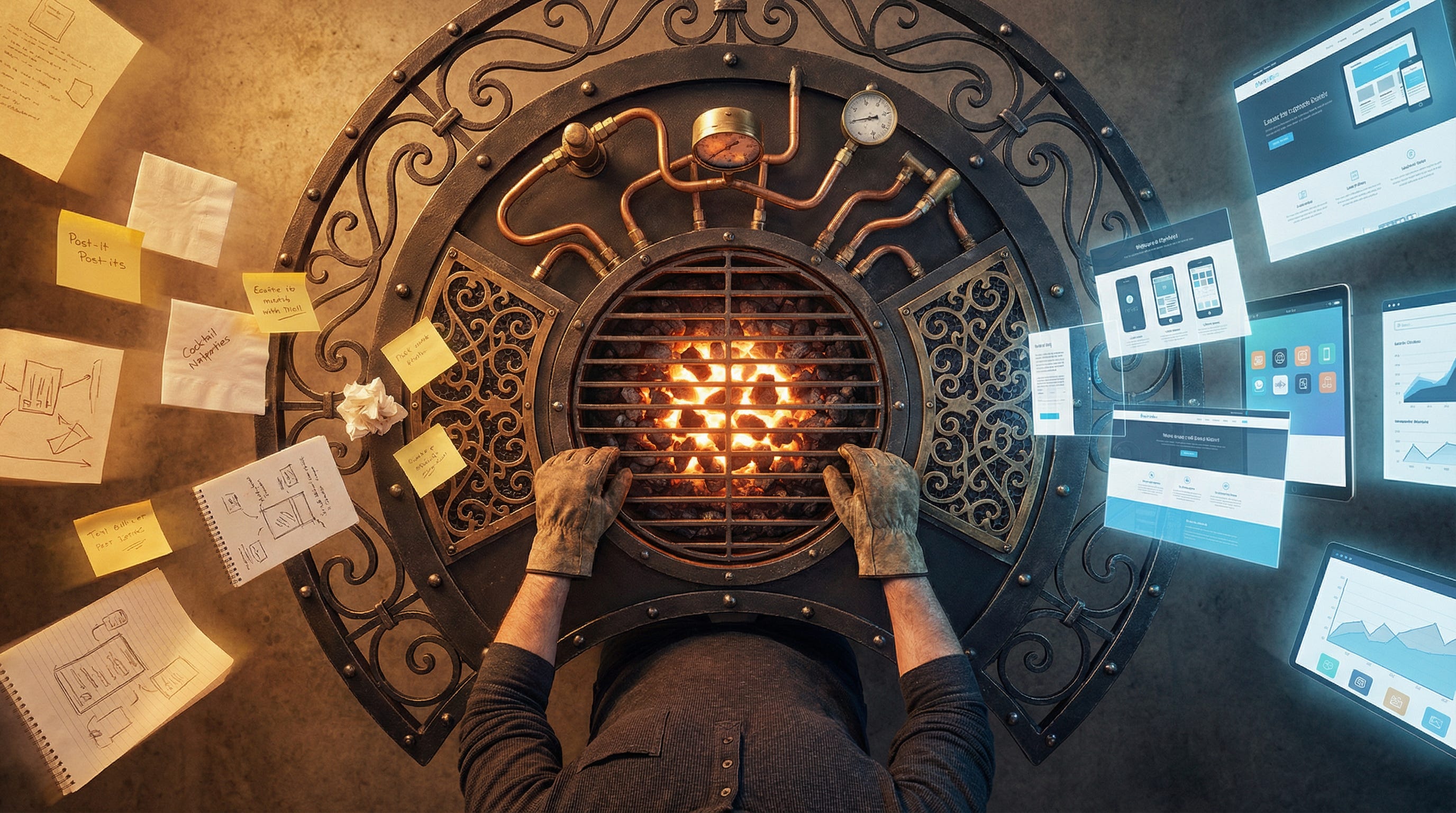 Overhead photograph of an ornate circular forge-desk where sticky notes and sketches drift in from the left and polished app screenshots emerge on the right