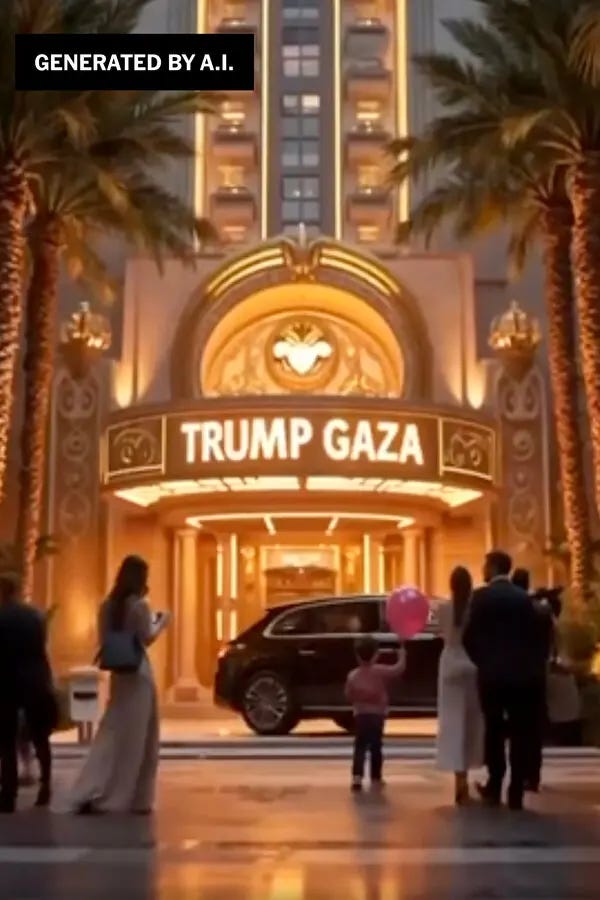 AI generated image of a hotel in present-day Gaza, called Trump Gaza