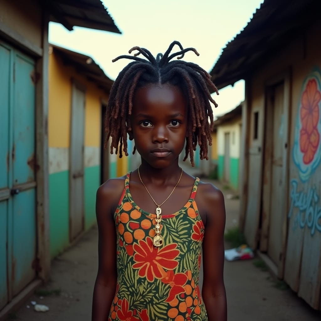 Jamaican teenager, Afro-Caribbean features, vibrant dreadlocks, bright expressive eyes, wearing a colorful sleeveless dress, gold chain and pendant, standing in a narrow, dimly lit alleyway, surrounded by weathered wooden shacks, rusty corrugated iron roofs, and vibrant street art, cinematic lighting casting deep shadows and warm highlights