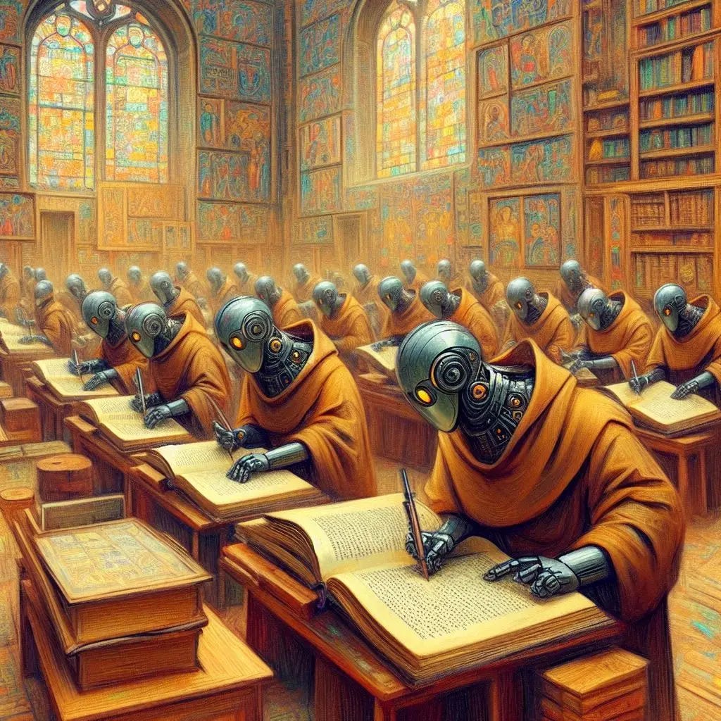 A group of robot monks are illustrating manuscripts in a medieval scriptorium. Slight impressionist style. A group of robot monks are illustrating manuscripts in a medieval scriptorium. Slight impressionist style.