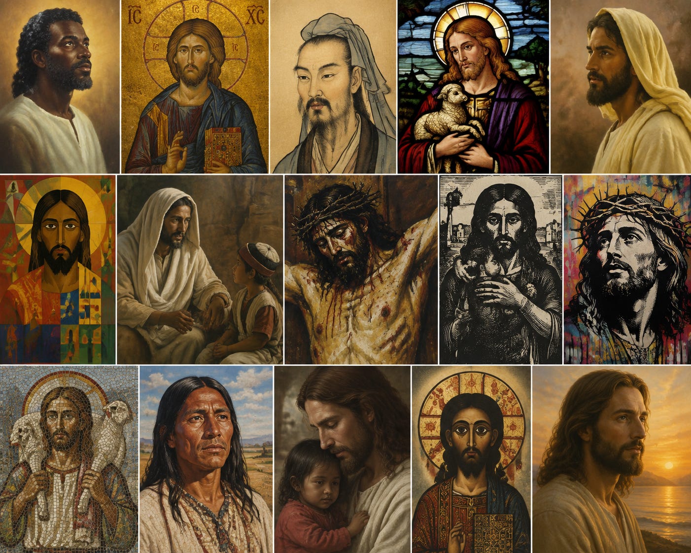 A collage of diverse artistic depictions of Jesus from around the world, showing different cultural interpretations including Byzantine icons, stained glass, traditional paintings and contemporary artwork. The images portray Jesus in varied ways, including as a shepherd, a teacher, a suffering figure, and a source of comfort, with different ethnic features and artistic styles represented.