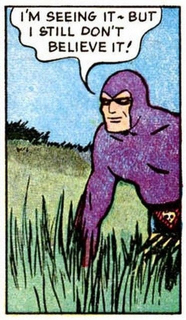 This may contain: a comic book page with an image of a man in a purple suit, and the caption says i'm seeing it - but i still don't believe it