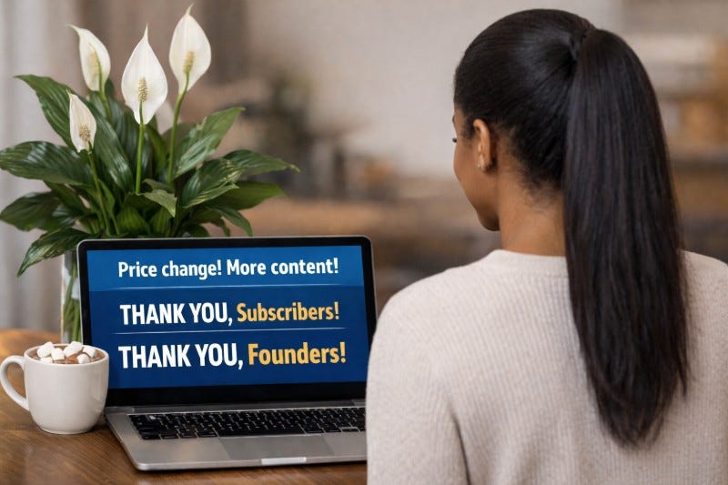 Woman facing laptop announcing price changes and new content. Peace lily and hot chocolate are on other side.