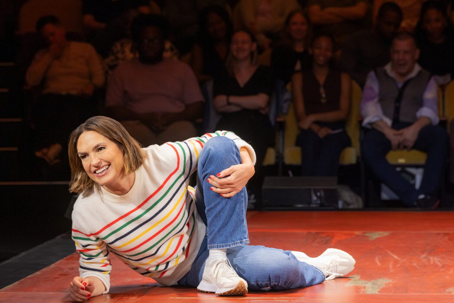 Mariska Hargitay smiles while stretching in "Every Brilliant Thing." Mariska Hargitay smiles while stretching in "Every Brilliant Thing."