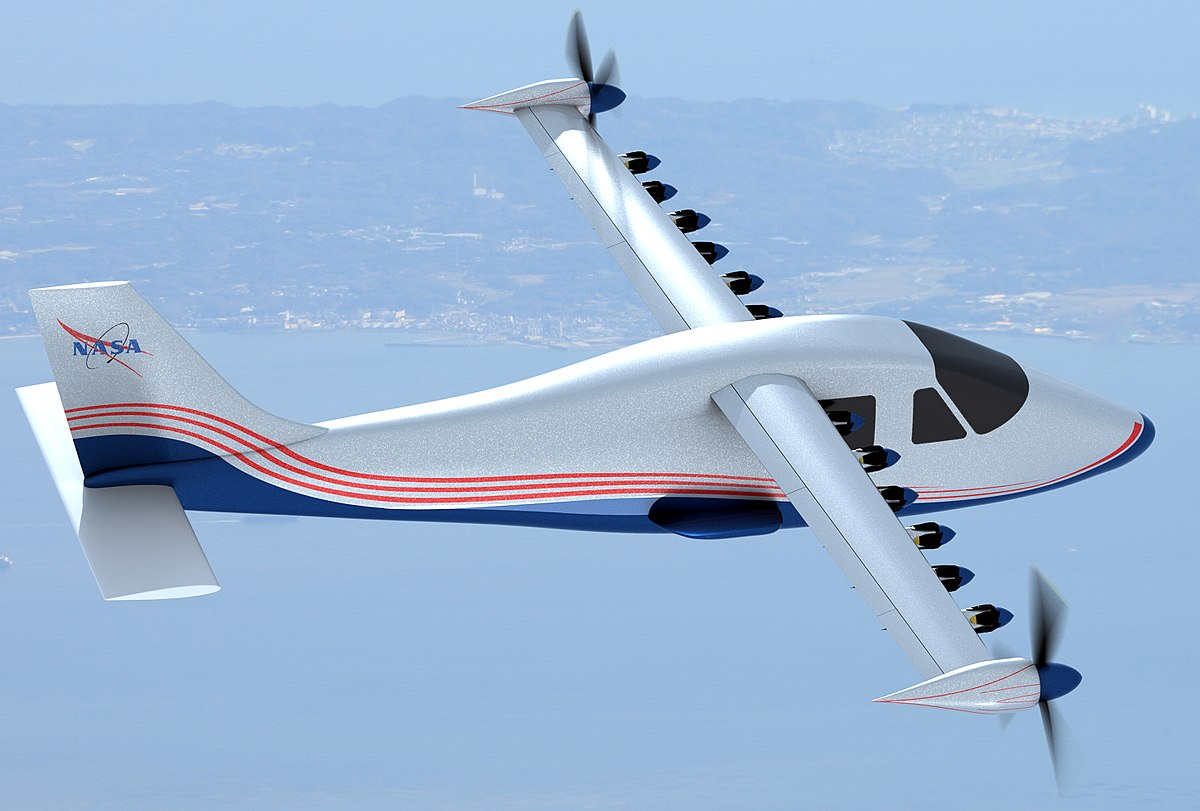 A render of the NASA X-57 Maxwell distributed propulsion testbed in flight A render of the NASA X-57 Maxwell distributed propulsion testbed in flight