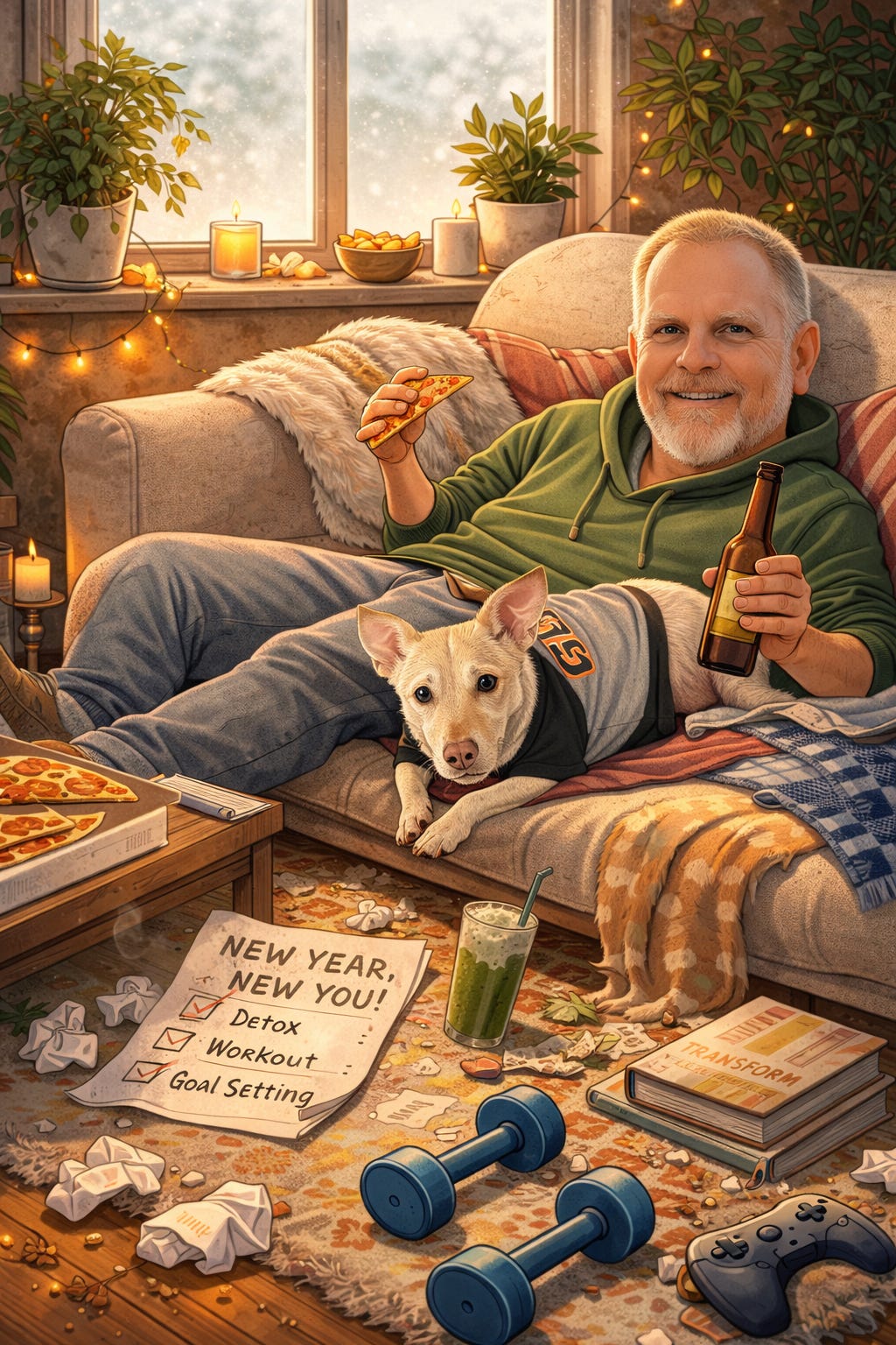 Illustrated scene of Merdhin, the author, relaxing on a couch, smiling while holding a slice of pizza and a beer. His small light-colored dog, Jinx, rests comfortably beside him. Around them are playful signs of abandoned New Year’s resolutions, including a crumpled checklist, dumbbells, and a green smoothie. The room feels warm and cozy, with candles, houseplants, and snow visible through the window, creating a humorous, self-accepting New Year atmosphere.